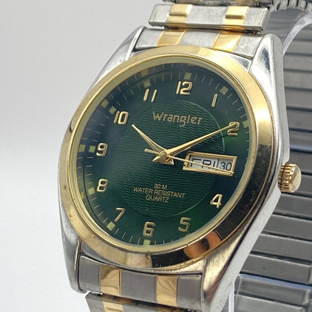 Wrangler Men's Watch 36mm Two Tone Green Dial Day Date Stretch Band New Battery